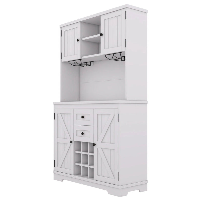 Meuble de bar de cuisine avec rangement, meuble à vin de ferme avec tiroirs, étagères et armoires, meuble de buffet avec porte-bouteilles et porte-verres