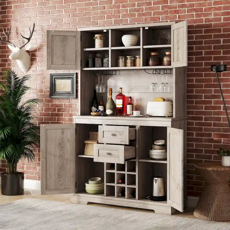 Meuble de bar de cuisine avec rangement, meuble à vin de ferme avec tiroirs, étagères et armoires, meuble de buffet avec porte-bouteilles et porte-verres