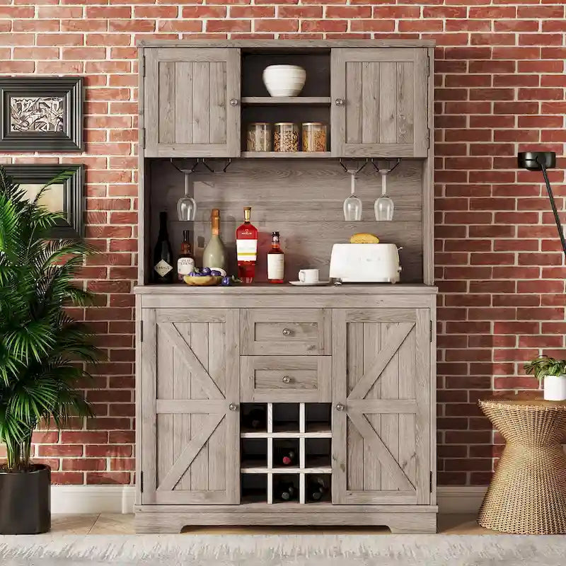 Meuble de bar de cuisine avec rangement, meuble à vin de ferme avec tiroirs, étagères et armoires, meuble de buffet avec porte-bouteilles et porte-verres
