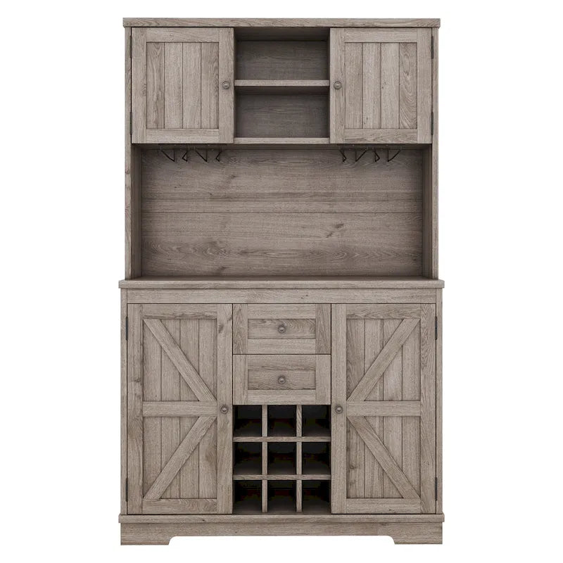 Meuble de bar de cuisine avec rangement, meuble à vin de ferme avec tiroirs, étagères et armoires, meuble de buffet avec porte-bouteilles et porte-verres