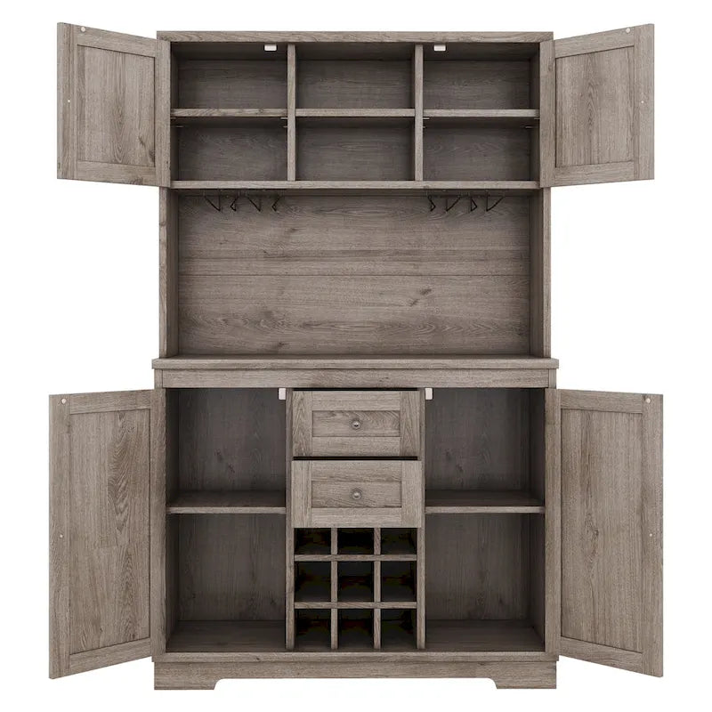 Meuble de bar de cuisine avec rangement, meuble à vin de ferme avec tiroirs, étagères et armoires, meuble de buffet avec porte-bouteilles et porte-verres